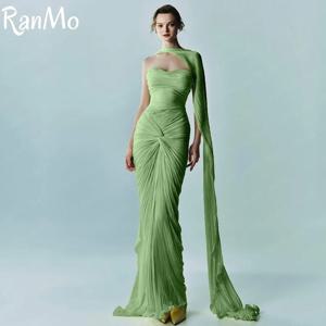 Ranmo 새로운 맞춤형 현대 녹색 인어 댄스 파티 드레스 Sweetheart Pleats 쉬폰 파티 드레스와 케이프 바닥 길이 이브닝 가운