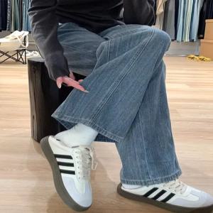 레트로 텍스처 와이드 레그 데님 팬츠 루즈핏 드레이핑 스트레이트 롱 트라우저 여성용 하이웨이스트 지퍼 클로저 캐주얼 스타일