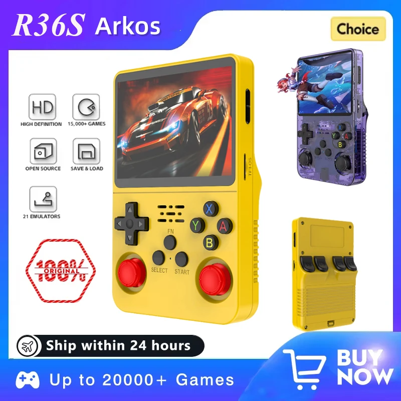 오리지널 아르코스 R36S 레트로 게임 콘솔 128GB 휴대용 3.5인치 IPS 스크린 포터블 포켓 비디오 플레이어 64GB 콘솔 어린이 선물