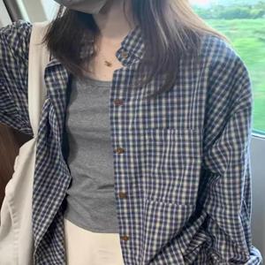 블루 체크 무늬 자외선 차단 셔츠 재킷 여성 봄 여름 얇은 캐주얼 긴팔 탑 게으른 스타일 디자인 센스