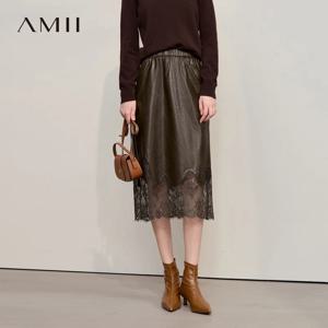 AMII 여성 스커트 2025 가을 신상 미니멀리스트 다용도 의류 여성 가죽 스플라이싱 레이스 솔리드 A라인 미디 스커트 12543095