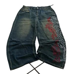 Y2K 스타일 하라주쿠 스트라이프 자수 배기 청바지 남녀 하이 스트리트 레트로 힙합 패션 캐주얼 커플 와이드 레그 데님 팬츠