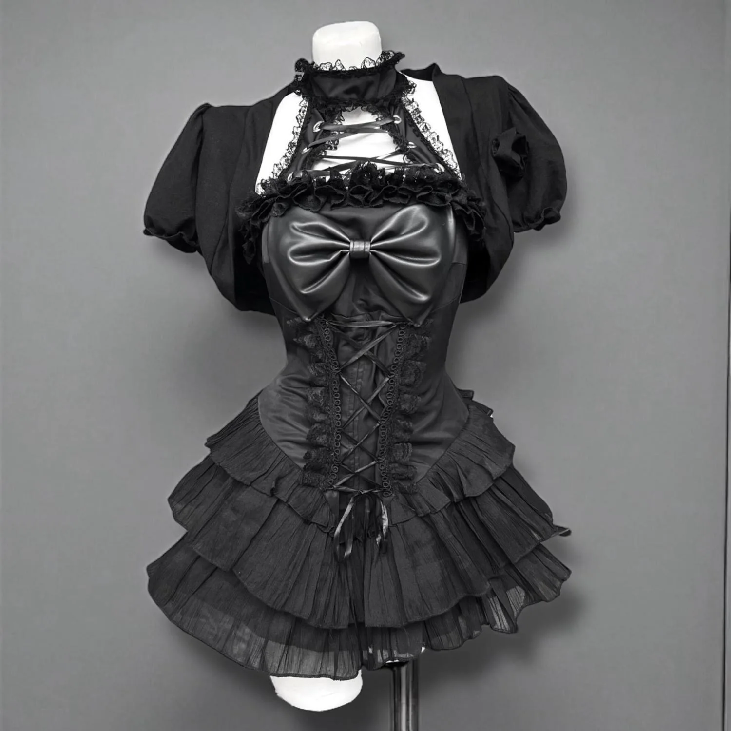 고딕 스타일 여름 블랙 레이스 스플라이스 가디건 코트와 벨트 디자인 반팔 원피스 세트 (여성용)