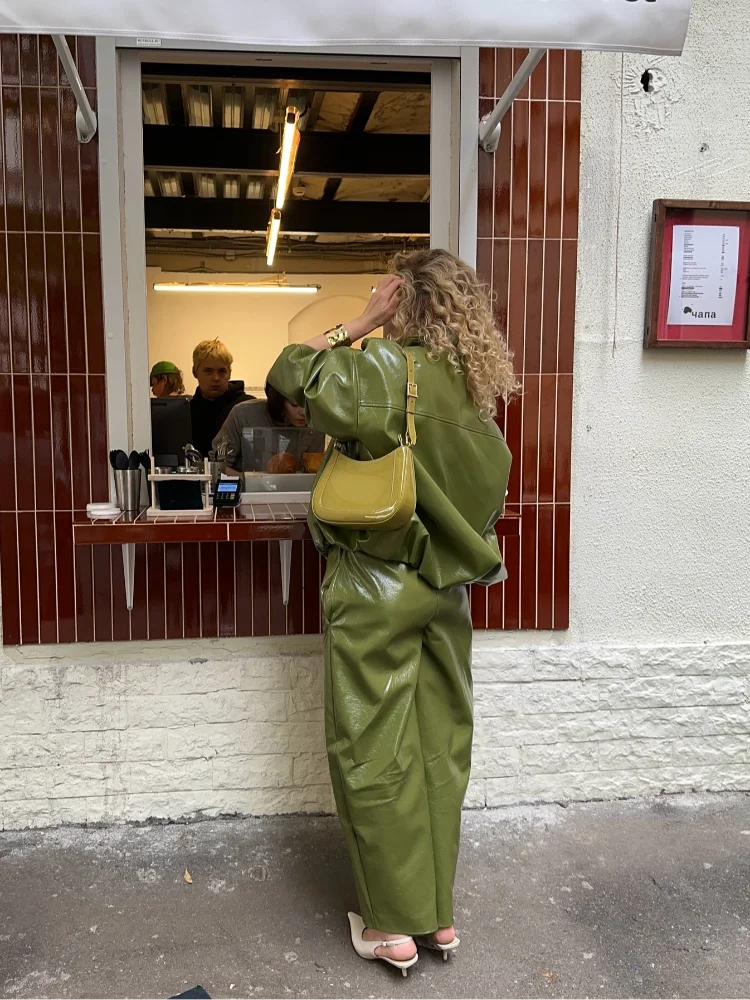 스트리트 PU 가죽 여성 정장 우아한 O넥 지퍼 재킷 롱 스커트 세트 2025 가을 여성용 레이디 로코모티브 신상 매칭 세트