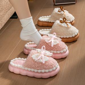 겨울용 따뜻한 털 슬리퍼 여성용 두꺼운 밑창 가정용 슬리퍼 귀여운 리본 미끄럼 방지 부드러운 실내용 플러시 여성 슬리퍼