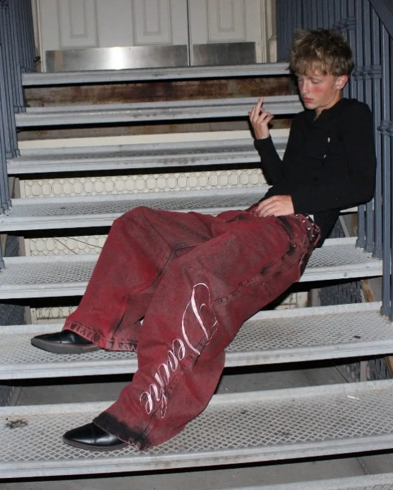 Y2K 배기진 워싱 레드 빈티지 레터 프린트 리벳 허리 벨트 디자인 하이웨이스트 와이드 레그 진 고스 감성 바지 스트리트웨어