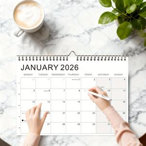 1개 주간 플래너 캘린더 2026-2027 - 월별 탭이 있는 52주 뷰, 보름달 및 초승달 표시, 월요일부터 일요일까지 배열