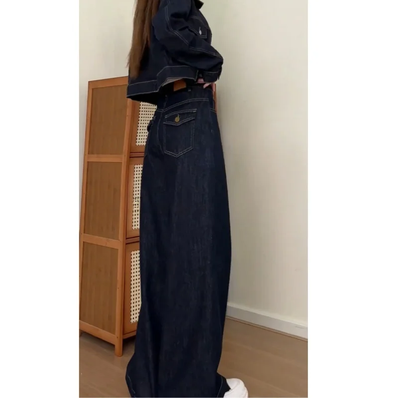 미국 스타일 플러스 사이즈 여성 와이드 레그 진 하이웨이스트 딥 블루 루즈핏 드레이핑 레이지 플로어 기장 팬츠 캐주얼 코튼 데님