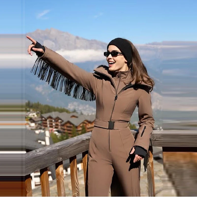 두꺼운 원피스 스키복 여성용 인조 모피 후드 태슬 코트 하이웨이스트 벨트 점프수트 2025 겨울 방풍 방수 스키웨어