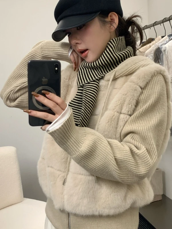 한국 스타일 니트 숏 코트 여성 패션 페이크 투피스 디자인 후드 스웨이드 소매 따뜻한 탑 트렌디 긴소매 지퍼 클로저