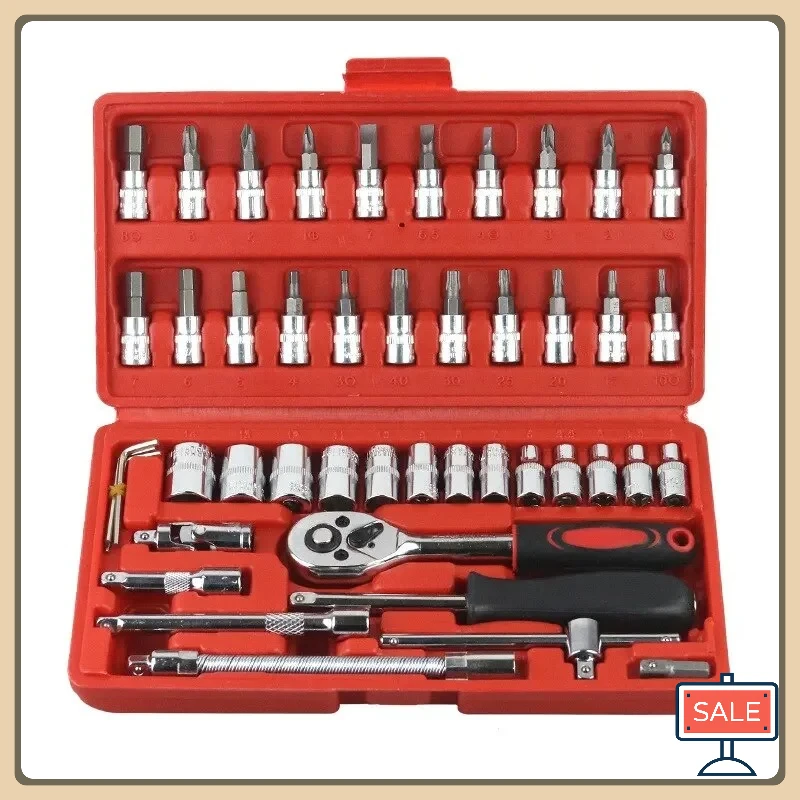 46피스 자동차 수리 공구 세트 1/4인치 소켓 세트 자동차 수리 도구 프라이 라쳇 토크 렌치 콤보 자동차 정비 도구