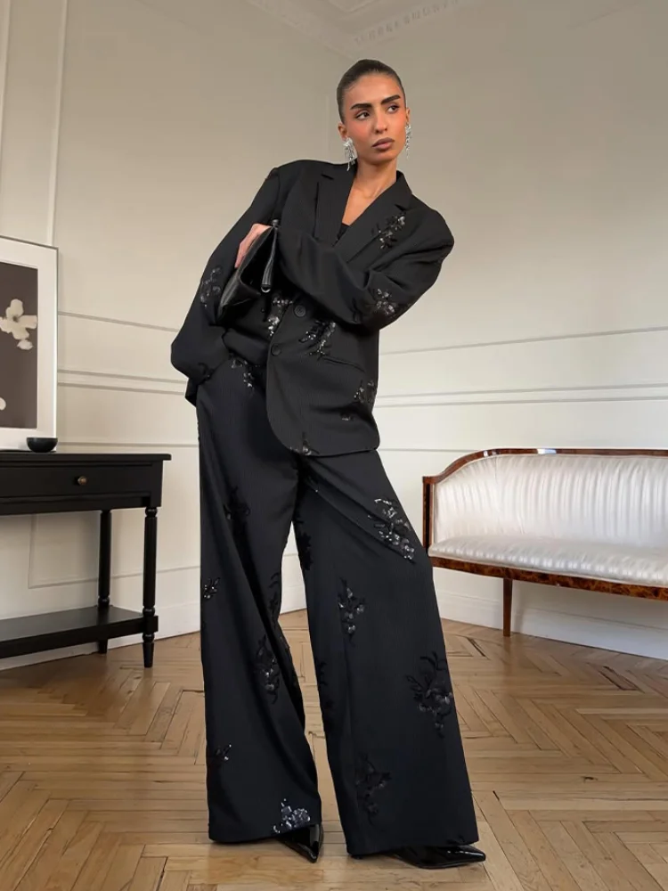 여성 블랙 스팽글 자수 블레이저 투피스 세트 긴팔 라펠 브이넥 코트 와이드 레그 팬츠 슈트 2026 레이디 봄 가을 의류