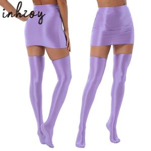 Womens Glossy Nightclub 복장 스타킹 세트가있는 반짝이는 하이 웨이스트 미니 스커트 레이브 파티 응원 부티 운동 폴 댄스 Clubwear