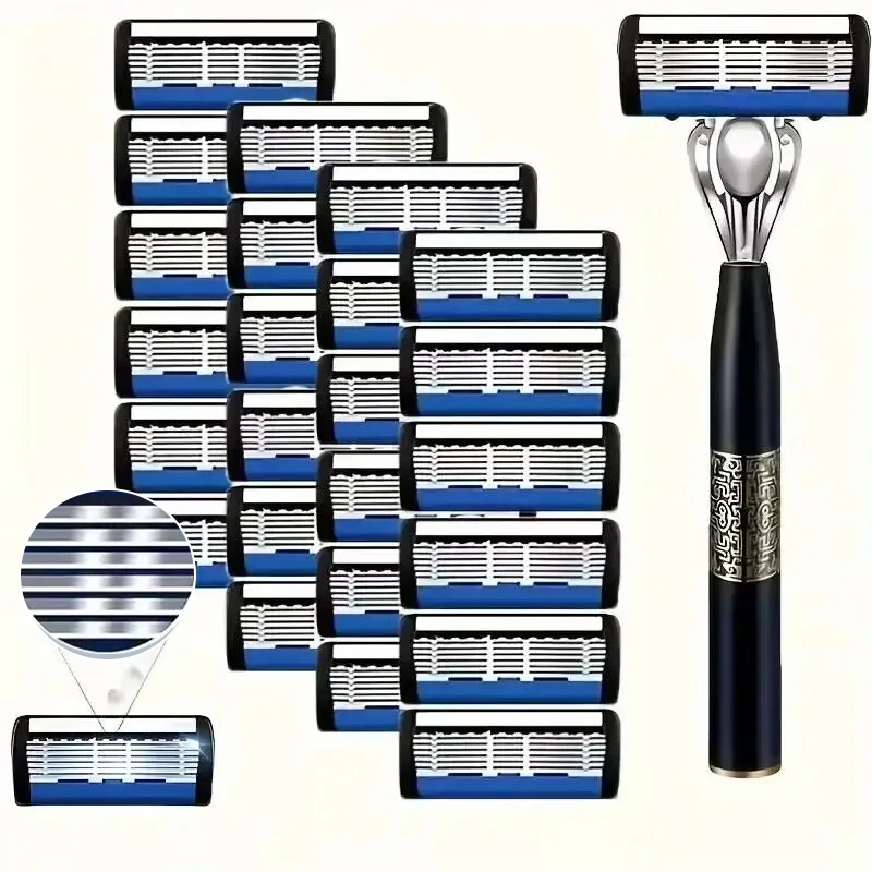 세척 가능한 금속 일반 수염 및 수염 6층 수동 남성용 면도기 스테인리스 스틸 칼날 손 보호대 금속 면도기 홀더