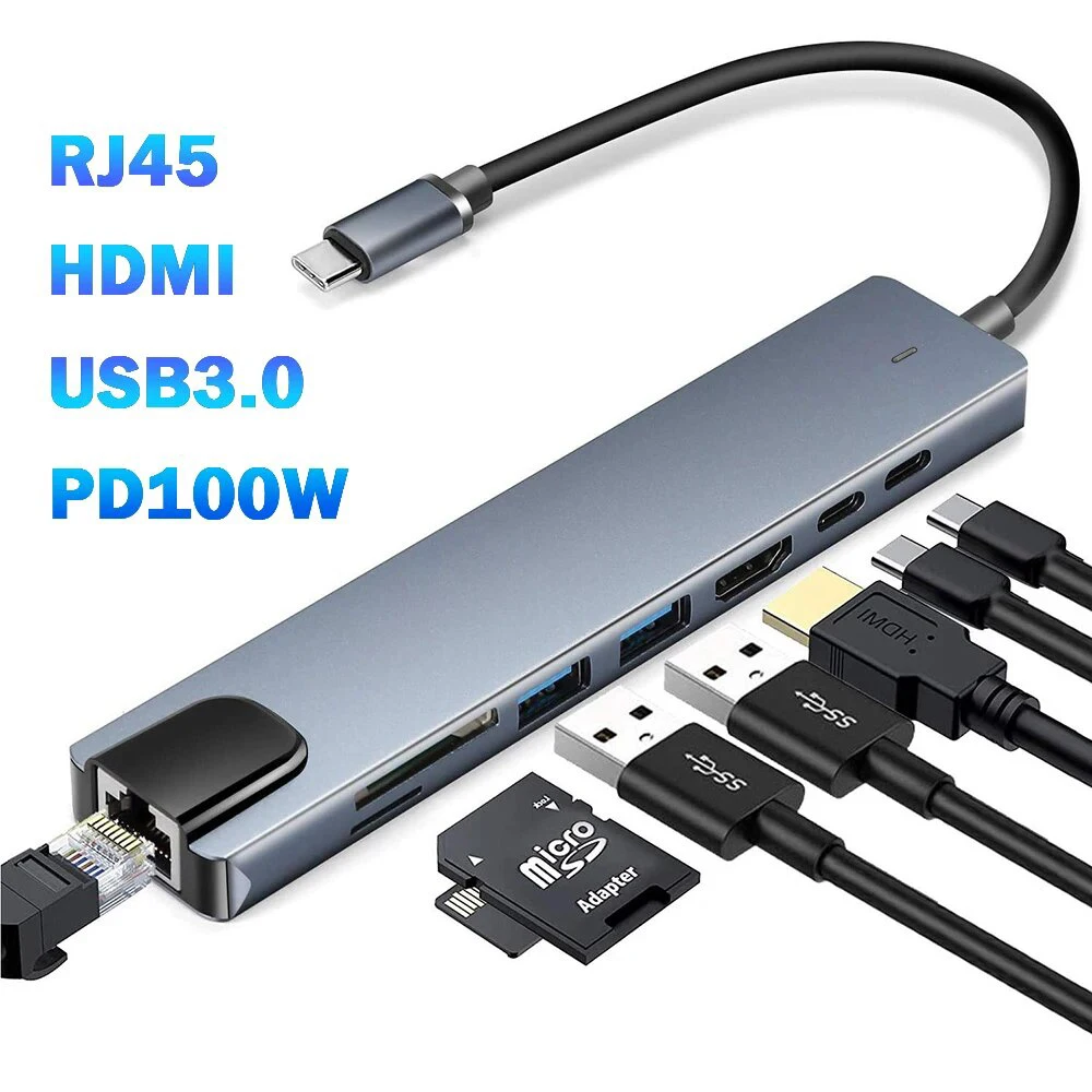 USB 3.0 유형 C 허브 USB C 도킹 스테이션-HDMI 4K 30HZ 유형 C-RJ45 100Mbps 이더넷 어댑터 VGA 확장기 헤드폰 PD 100W