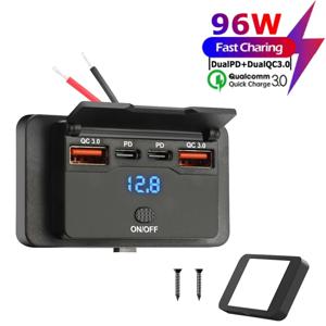 듀얼 PD 듀얼 QC 3.0 USB 차량용 충전기, 스위치 포함, 4 포트, 96W 고속 충전 소켓, 12V, 24V 자동차 보트 버스 RV 트럭용 USB 전원
