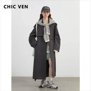 CHIC VEN 패션 여성 트렌치 코트 싱글 브레스트 루즈 캐주얼 새 벨트 롱 여성 윈드 브레이커 여성용 코트 봄 가을 2025