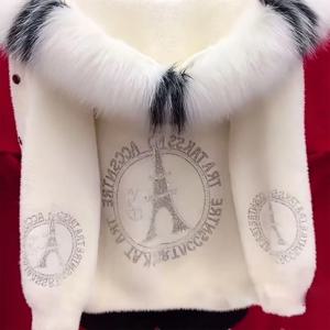 가을, 겨울 새로운 따뜻한 솔리드 컬러 두꺼운 후드 모조 밍크 모피 코트 라인 석과 모피 칼라 여성 탑 카디건