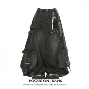 검은 청바지 여성 아메리칸 스타일 Y2K 90S 빈티지 하이 웨이스트 진 스트레이트 바지 streetwear 캐주얼 루즈 와이드 레그 데님 바지