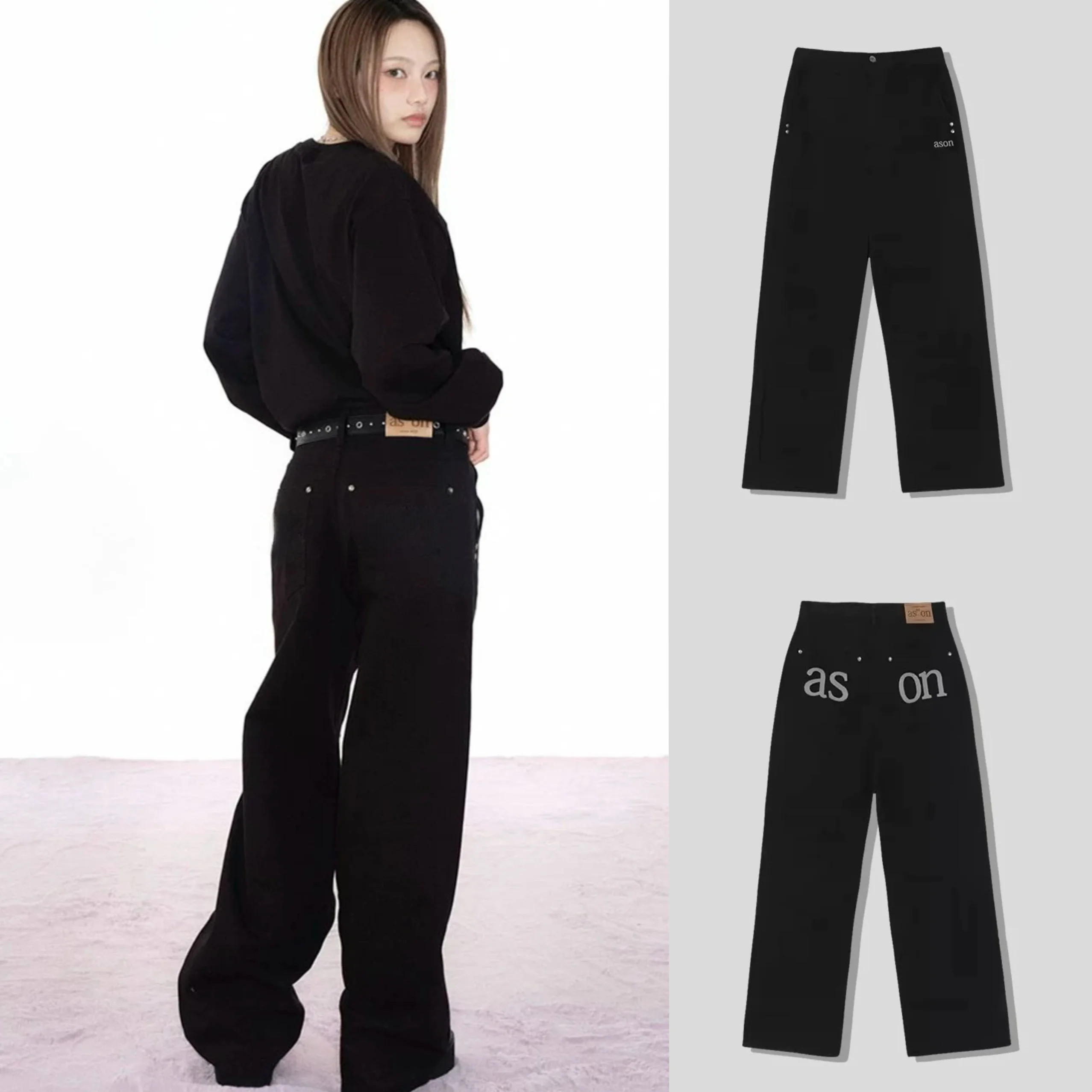 우아한 자수 레터링 백 디자인 와이드 레그 진 루즈핏 스트레이트 캐주얼 팬츠 하이웨이스트 슬리밍 코튼 블렌드 여름 바지