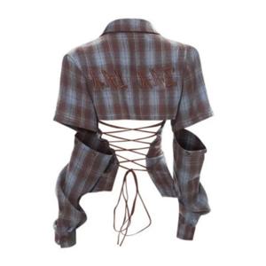 Deeptown Y2k 빈티지 격자 무늬 섹시한 백 레스 여성 셔츠 분리형 슬리브 아메리칸 패션 미적 블라우스 Slim Gyaru Summer 2025