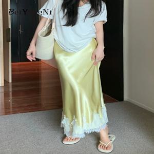 Beiyingni 여성을위한 우아한 롱 스커트 2025 여름 높은 허리 레이스 새틴 트럼펫 스커트 여성 럭셔리 슬림 한국 패션 스커트