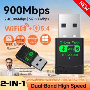 새로운 업그레이드 2IN1 미니 USB AX900 무선 블루투스 5.4 송수신기 어댑터 WiFi 6 동글 900Mbps 듀얼 밴드 2.4G+5GHz PC 노트북 Win10/11용 드라이버 무료