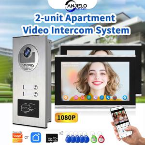 ANJIELO TUYA 스마트 2유닛 아파트 인터콤 비디오 도어벨 RFID 카드 잠금 해제 4 유선 비디오 도어폰 시스템 1080P