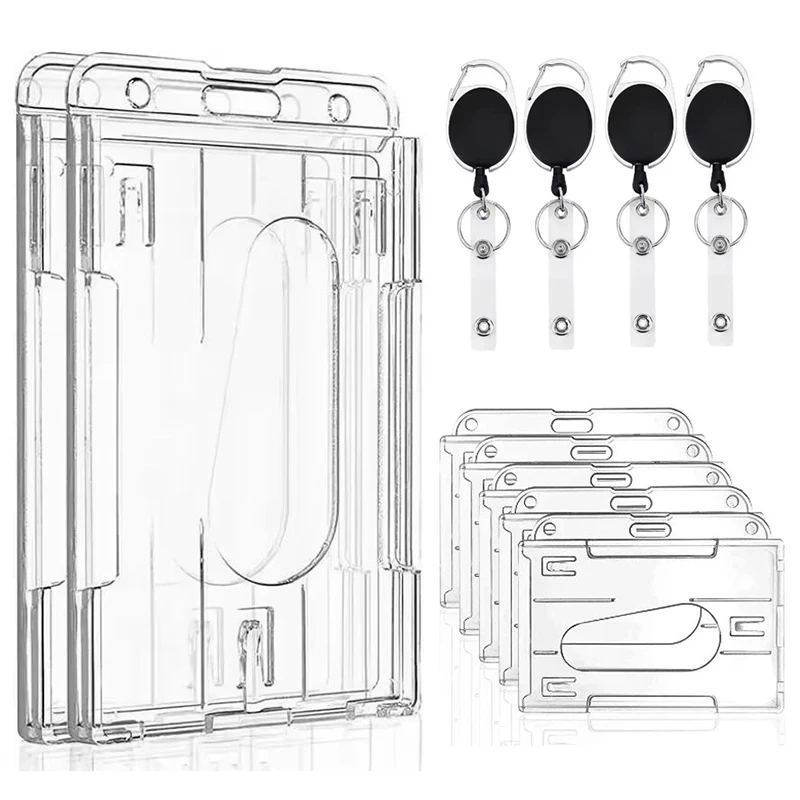 투명 이중 카드 슬롯 ID 태그 배지 홀더 (배지 릴 포함) 2개 카드 수납 정리함 직원 패스 작업 카드 케이스 슬리브