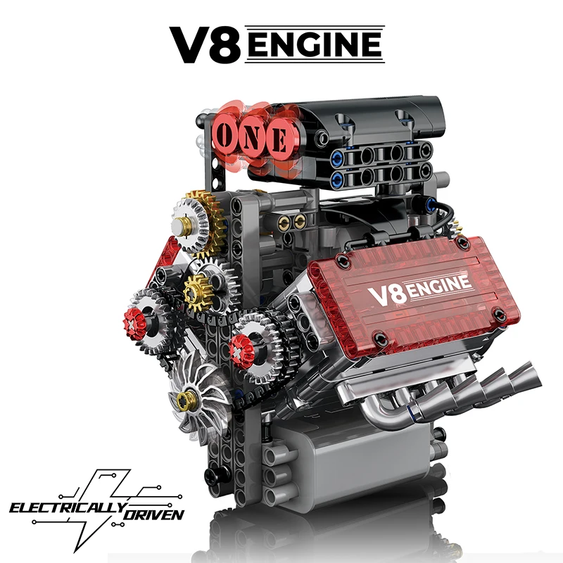벽돌 V8 엔진 전동 시뮬레이션 모델 전기 구동 빌딩 블록 기술 자동차 부품 크리 에이 티브 장난감 선물 소년 성인