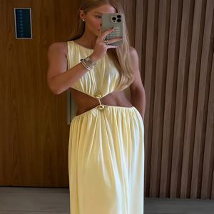 Kliou Shirring Waistless 여성 맥시 드레스 Hipster Simple 민소매 스플 라이스 o 넥 시스 스트레이트 가운 여성 이브닝 프록