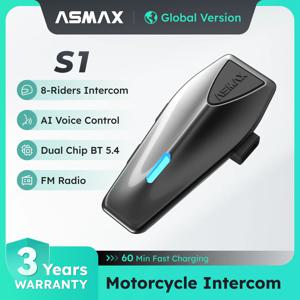 ASMAX S1 블루투스 오토바이 인터콤 8명 통신 헤드셋 FM 및 ENC 마이크, 음성 제어, IPX7 방수