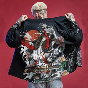 기모노 남성 일본 의류 유카타 남성 사무라이 의상 하오리 오비 비치 남성용 기모노 가디건 일본 스트리트웨어 재킷