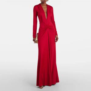 모던 브이넥 레드 여성 이브닝 가운 시스 플로어 길이 정장 파티 드레스 플리츠 프롬 드레스 긴 소매 사우디 드레스