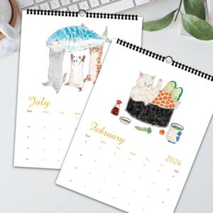 1개 2026년 벽걸이 달력, 귀여운 일본 고양이 디자인, 스시 고양이, 12개월 월별 계획, 생일 및 휴일을 위한 완벽한 선물