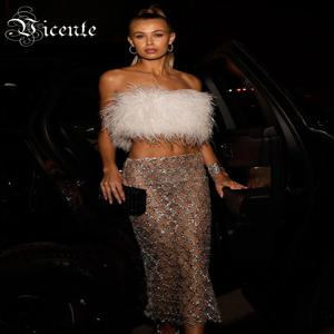 여성을위한 VC 투피스 세트 여름 2023 나이트 클럽 파티 복장 깃털 디자인 붕대 자른 탑과 롱 스커트