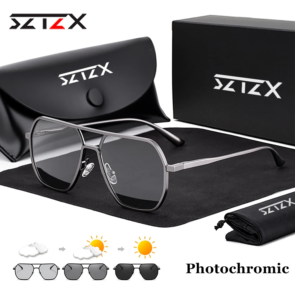 SZTZX 알루미늄 남성 포토 크로 믹 선글라스 여성 패션 편광 된 운전 그늘 태양 안경 광장 카멜레온 눈부심 방지 안경