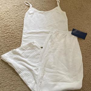 아일렛 화이트 탱크 팬츠 홈 세트 여성 보우 슬림 크롭 탑 + 탄성 하이 웨이스트 스트레이트 바지 여름 코튼 파자마 2 피스 세트