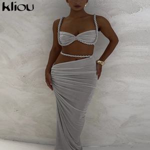 Kliou 짠 섹시한 여성 2 조각 세트 멋진 핫 솔리드 Pleated 자르기 캐미솔 + 하이 웨스트 맥시 스커트 여성 트렌드 휴가 복장