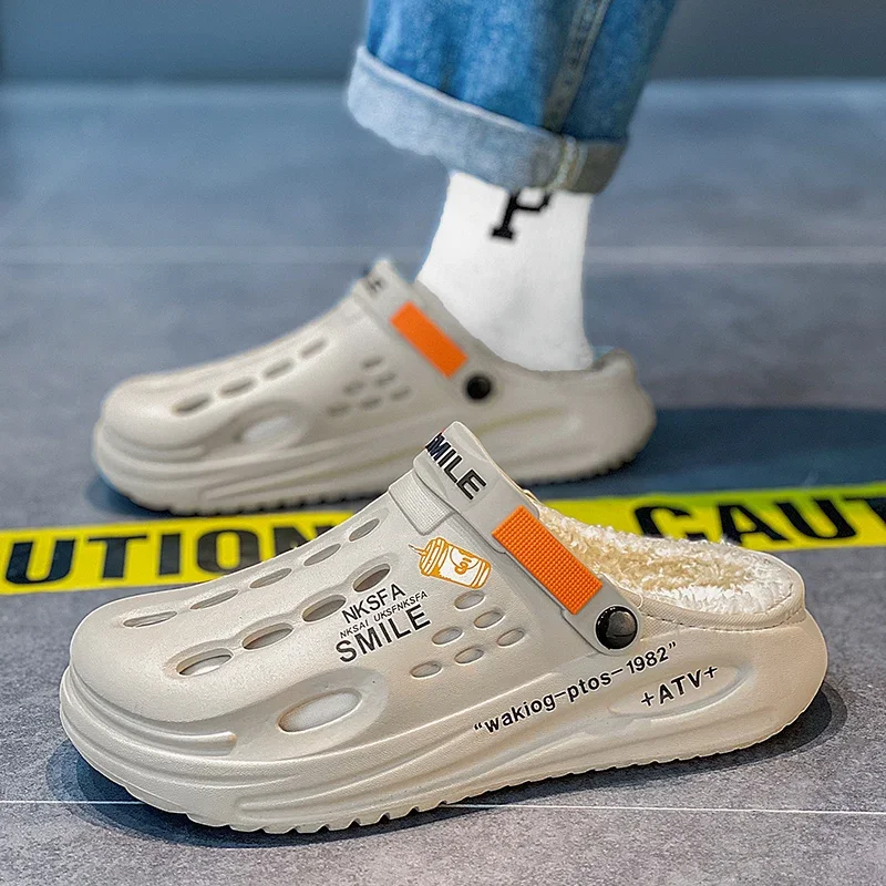 겨울 남성 슬리퍼 따뜻한 모피 정원 신발 부드러운 실내 홈 면화 신발 EVA 플러시 슬라이드 캐주얼 야외 편안한 모피 나막신