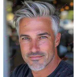 노인용 인모 모발 보철 시스템 남성 부분 가발 자연스러운 헤어라인 65% 회색 모발 부드러운 최고급 스킨 베이스 헤어피스