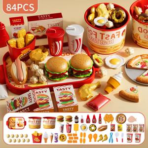 어린이 주방 장난감 세트 시뮬레이션 햄버거 피자 감자 튀김 놀이 음식 요리 절단 게임 몬테소리 대화 형 장난감 선물 만들기