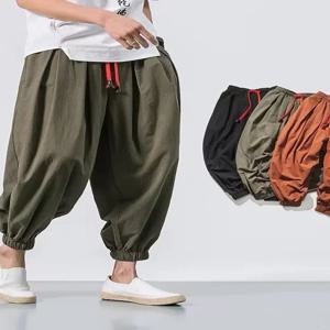 새로운 남성용 루즈핏 트라우저 디자인 랜턴 팬츠 코튼 린넨 하란 나인 포인트 캐주얼 통기성 여름 패션 청년복