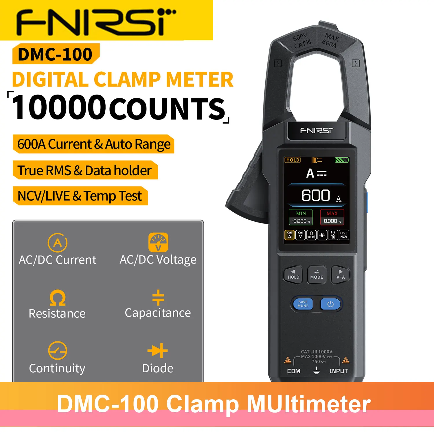 FNIRSI DMC-100 10000 카운트 클램프 미터 AC DC 전류 디지털 멀티 미터 USB 충전 600A 전류계 클램프 전기 도구