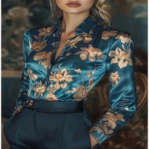 패션 여성 그래픽 꽃 프린트 긴 소매 셔츠 캐주얼 레귤러 탑 버튼 다운 작업 셔츠 데일리웨어 클래식 디자인