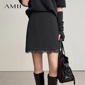 AMII 미니멀리스트 미니 스커트 2025 겨울 신상 짧은 울 따뜻한 스커트 여성용 패치워크 레이스 캐주얼 솔리드 의류 여성용 12544125