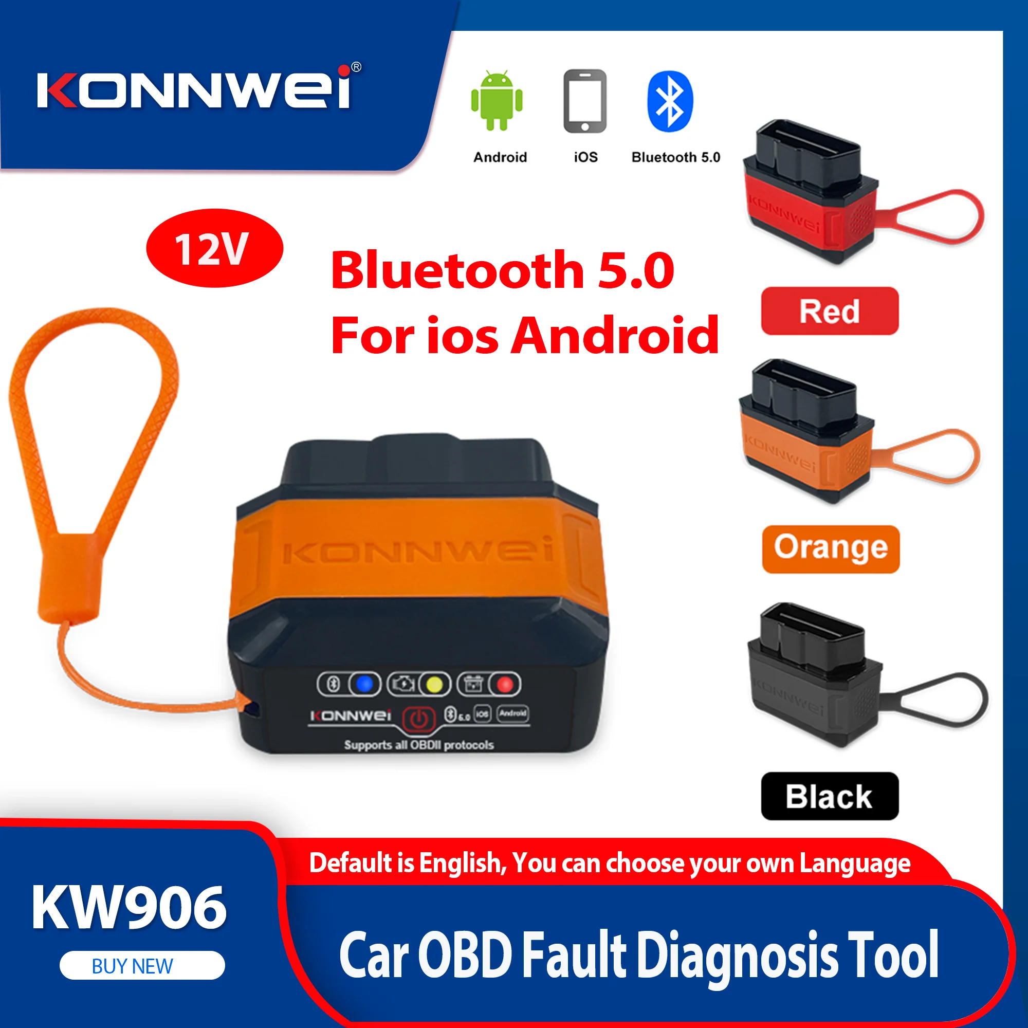 KONNWEI KW906 ELM327 V1.5 블루투스 5.2 OBD2 스캐너 결함 코드 리더 진단 도구 (안드로이드/iOS용)