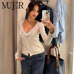 MUJER 레이스 크롭 가디건 여성 버튼업 니트 탑 빈티지 니트웨어 긴 소매 니트 가디건 스웨터 여성용
