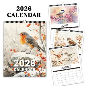 1개 2026년 벽걸이 달력, 빈티지 수채화 새 디자인, 12가지 아름다운 패턴, 생일, 크리스마스, 새해를 위한 완벽한 선물