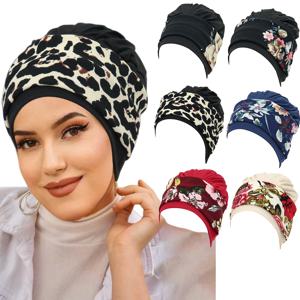 새로운 무슬림 여성용 부드러운 스트레치 터번 모자, 미리 묶인 헤드스카프, 꽃무늬 히잡, 반다나, 케모 비니, 캡 커버